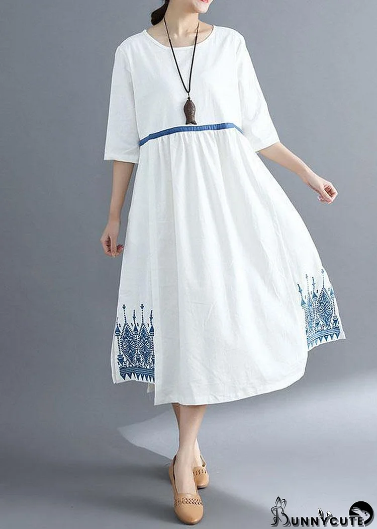 Loose blue linen clothes For Women embroidery Plus Size Clothing summer dress