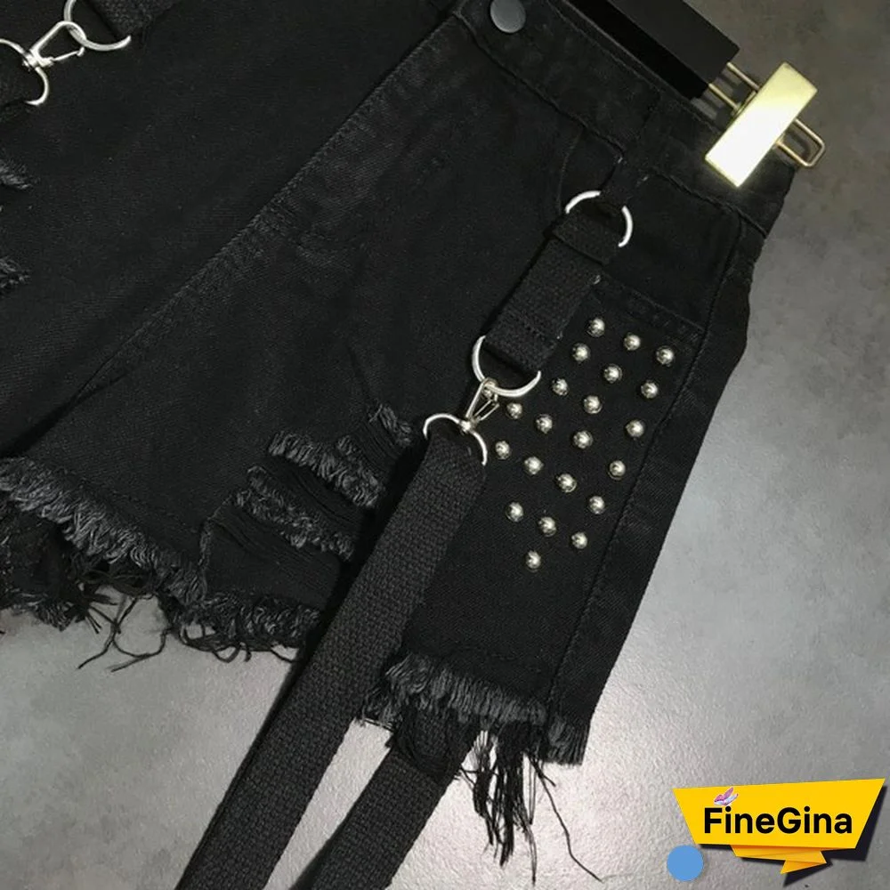 Women Denim Hot Pants Shorts Mini Jeans Rivet Removable Strap Tassels Gothic Punk Sexy