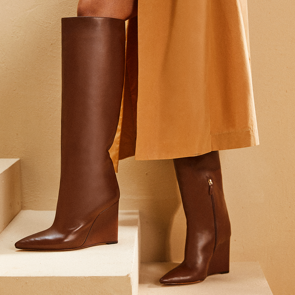 Brown Leather Knee Boots Pointed Toe Zipper Wedge Heels Boots Nicepairs