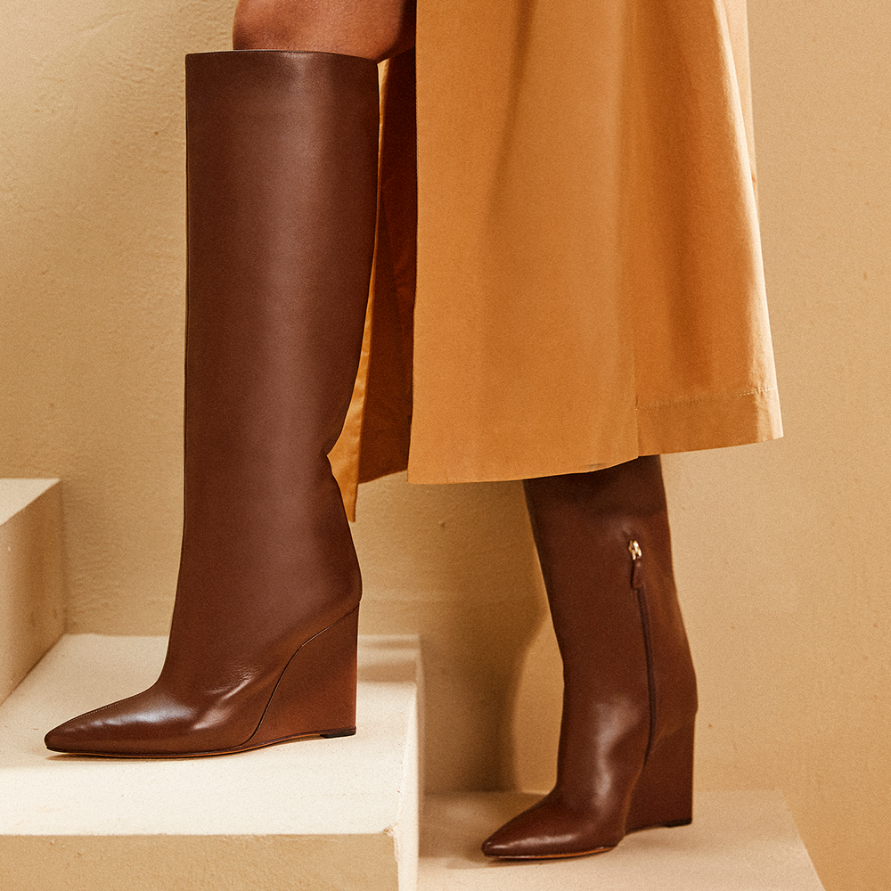 Brown Leather Knee Boots Pointed Toe Zipper Wedge Heels Boots