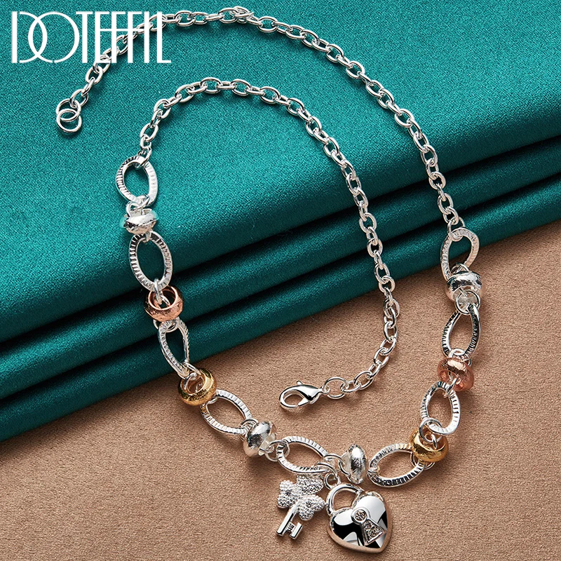 DOTEFFIL 925 Sterling Silver Heart Lock Key Pendant Necklace For Man Women Jewelry
