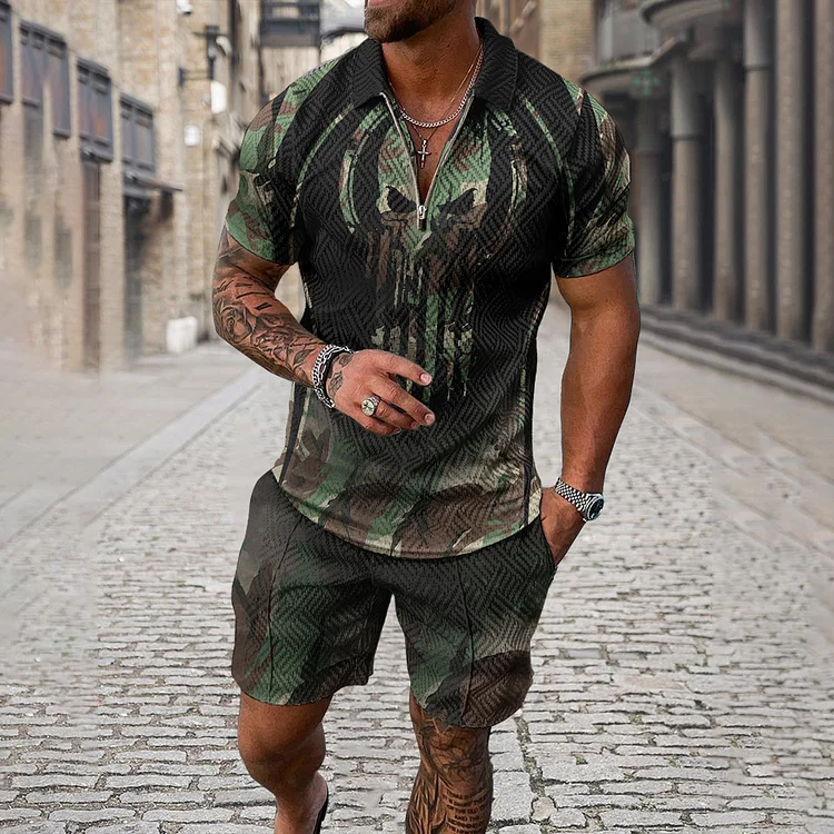Broswear Men's Skull Camouflage Print Sleeve Polo Shirt And Shorts Co-Ord