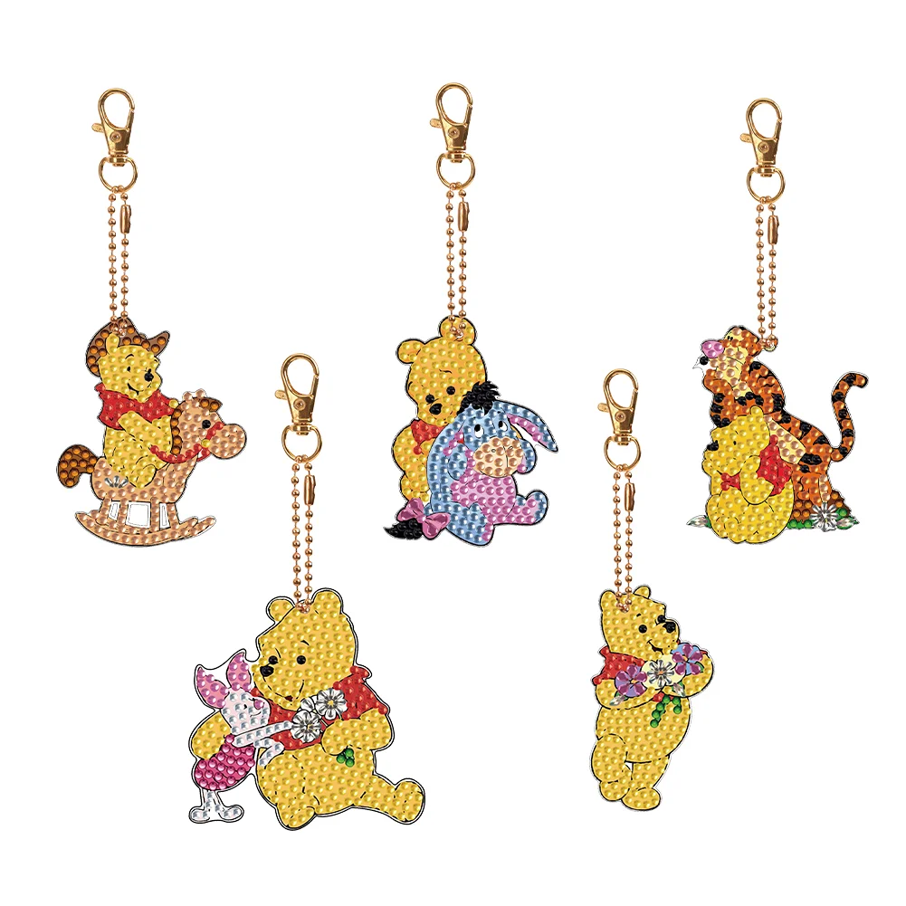 5pcs Winnie the Pooh DIY Diamond Art Key Rings Double Sided Keychain Supplies Gift for Kids