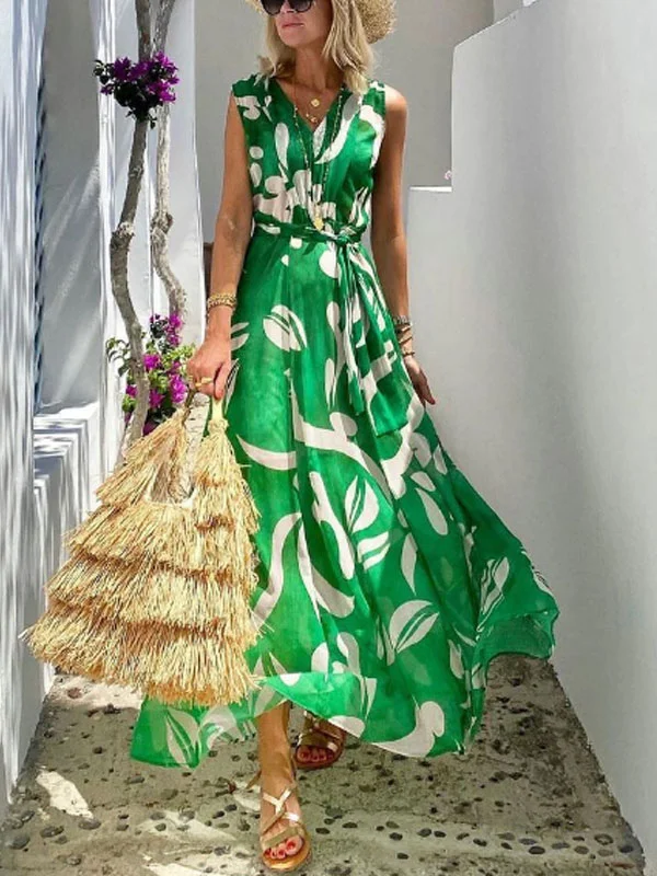 sleeveless chiffon lace-up printed ladies' dress