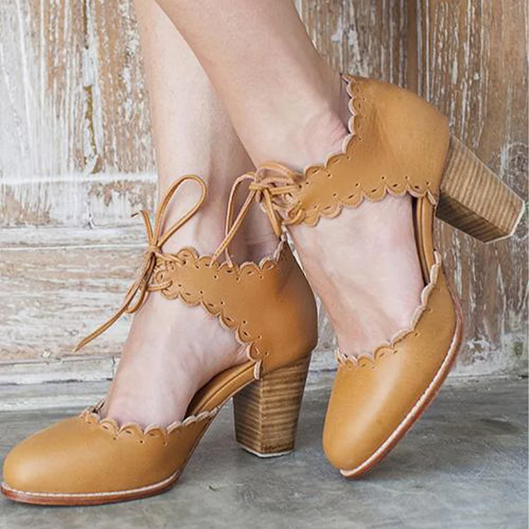 Brown Lace-Up Oxford Block Heel Round Toe Pumps Vdcoo