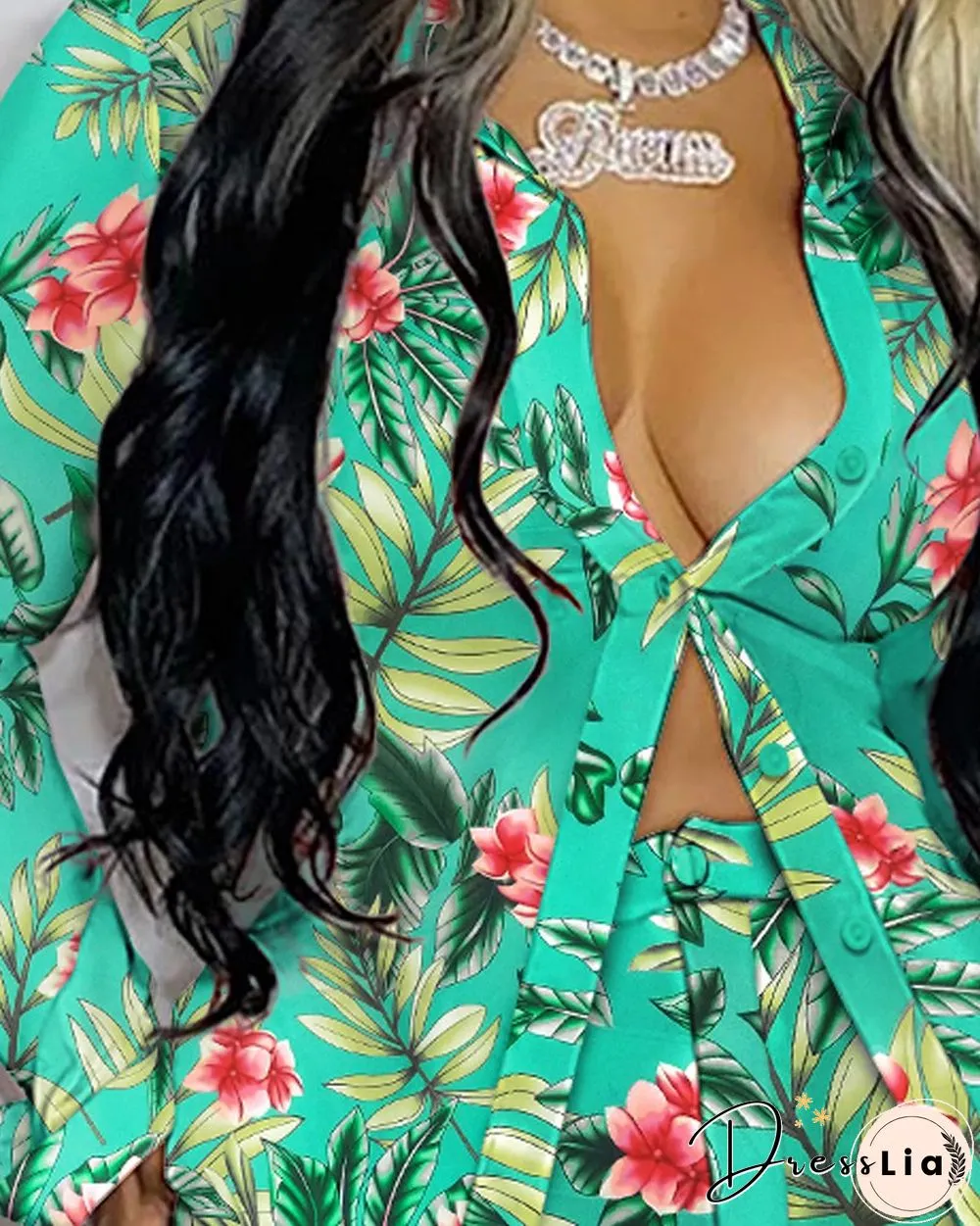 Floral Print Knoted Shirt & Pocket Design Shorts Set