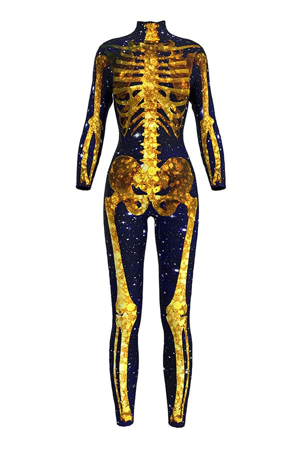 Fancy Full Body Skeleton Bodysuit Adult Halloween Costume Yellow-elleschic