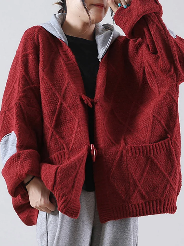 Plus Size - Hooded Knitted Pocket Patchwork Sweater Coat
