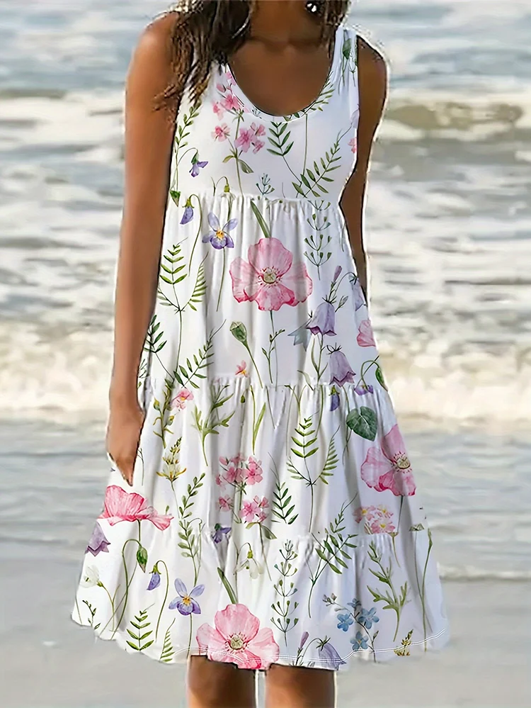 Plus-Size Women's Sleeveless Summer Dress - Floral Print A-Line Dress With Crew Neck, Lightweight 170gsm Elastane Blend, Casual Beach Vacation Dress For Spring/Summer