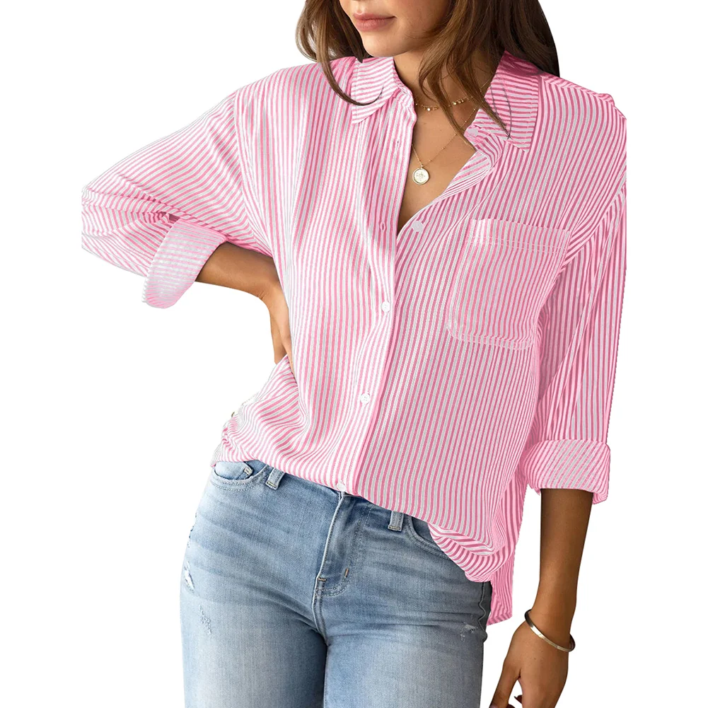 Pink Striped Print Long Sleeve Pocket Shirt