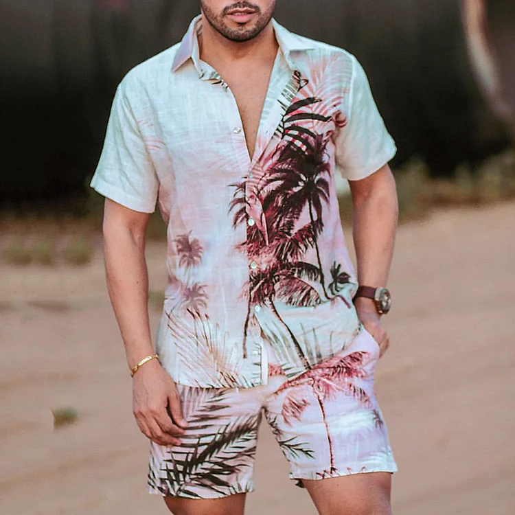 BrosWear Stylish White Baroque Palm Leaf Holiday Shirt And Short Co-Ord