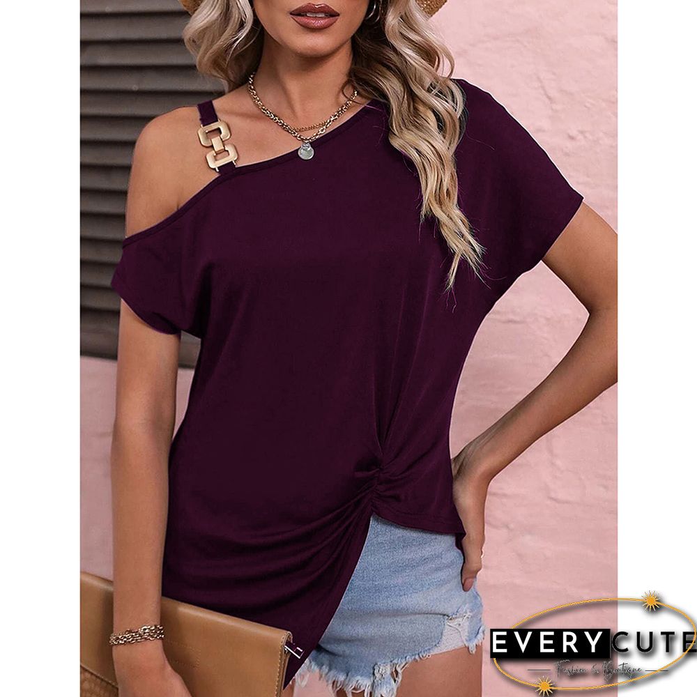 Fuchsia Asymmetric Dew Shoulder Short Sleeve Top