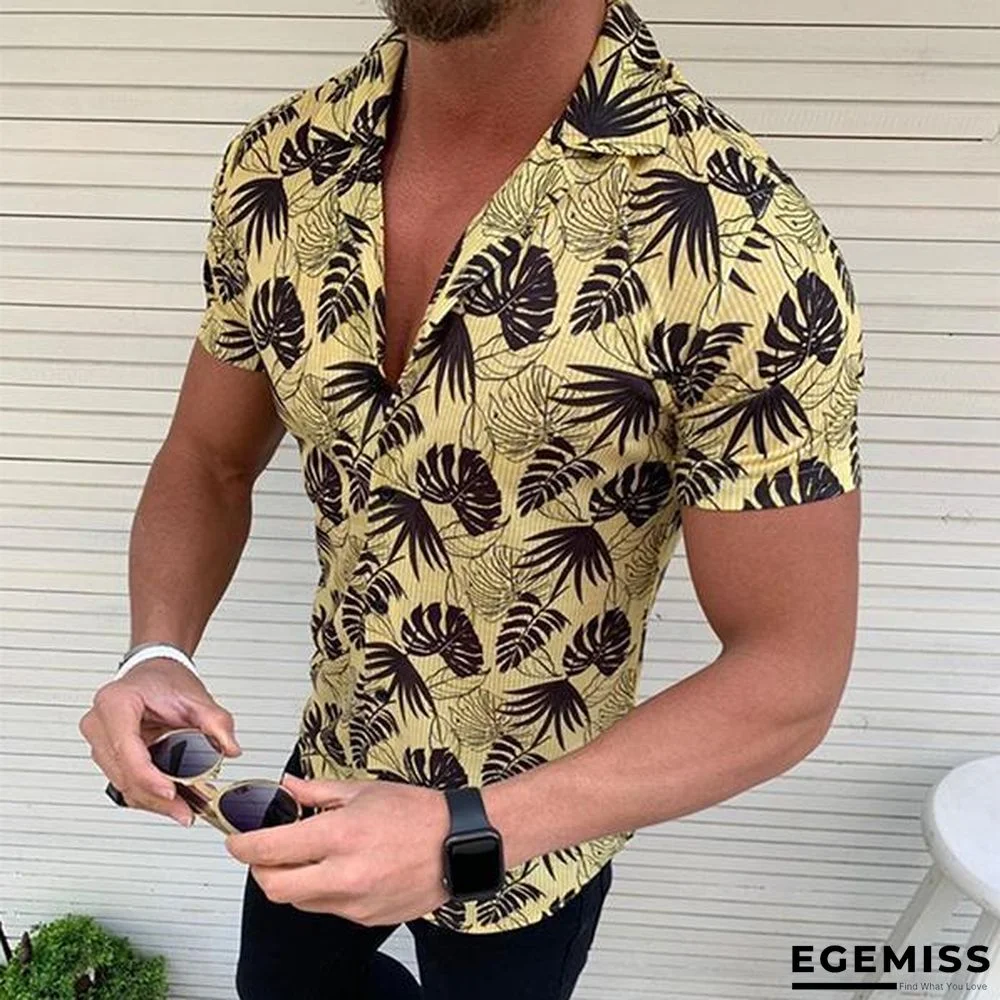 Men's Lapel Short-Sleeve Coconut Leaf Printed Shirt | EGEMISS