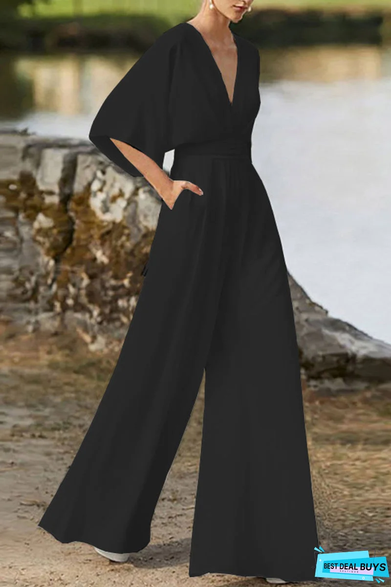 Elegant Solid Solid Color V Neck Boot Cut Jumpsuits(7 Colors)