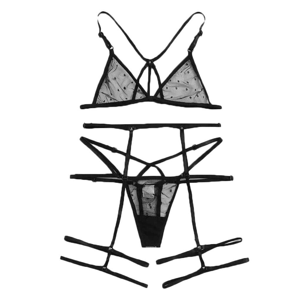 Black Harness Polka Dot Garter Sexy Women Transparent Lingerie Set 2019 Summer See Through Ladies Bra And Underwear Set