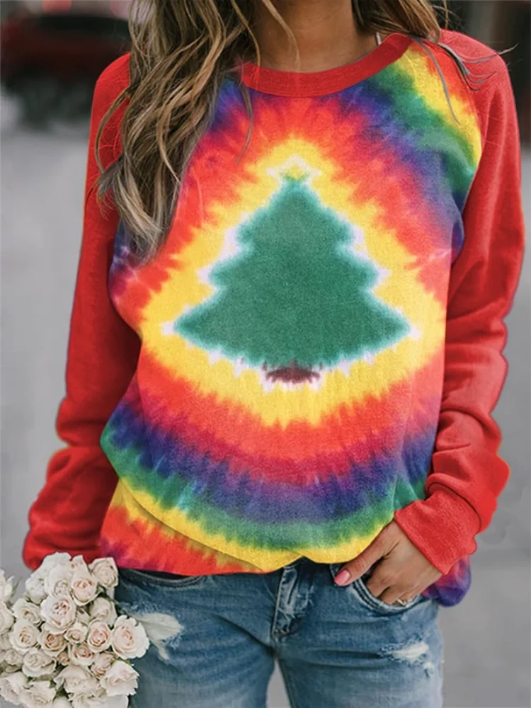 VChics Tie Dye Christmas Tree Print Crew Neck Sweatshirt
