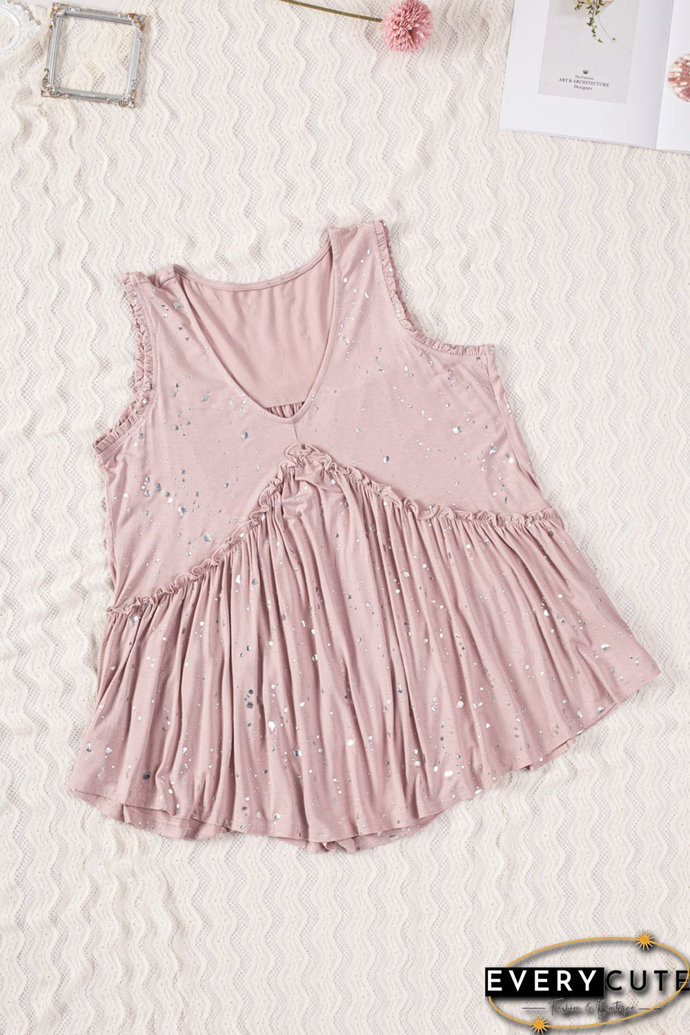 Pink Foil Splatter Drops Ruffled Flowy Tank