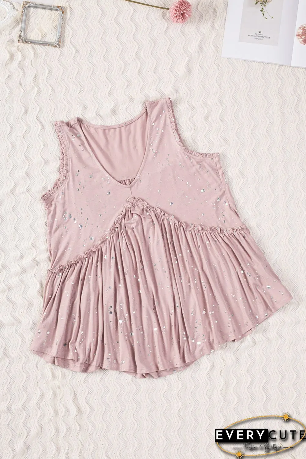 Pink Foil Splatter Drops Ruffled Flowy Tank