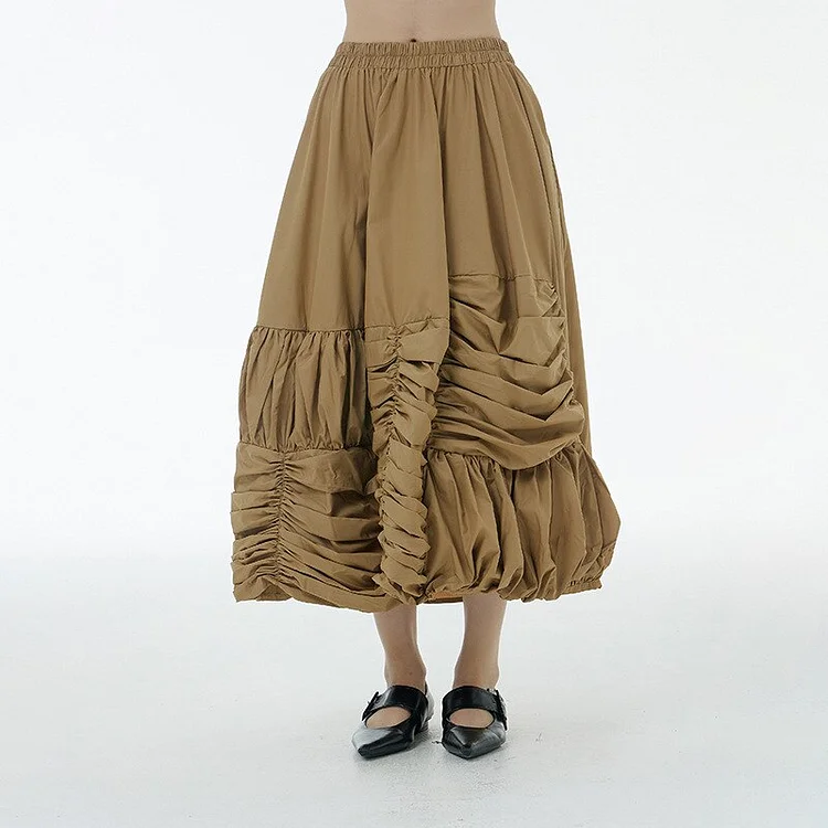 Chic Solid Color Elastic Waist Pleated Wrinkled Hem Skirt  
