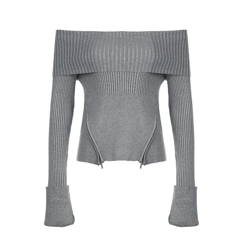 Ueong Desire Atmosphere Sense With Open-Shoulder Zipper Hem Pink Long-Sleeved Sweater New Fall 2023 Style