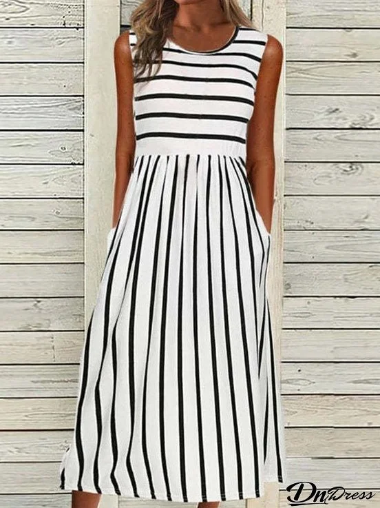 Women's Dresses Striped Print Crew Neck Pocket Sleeveless Dress
