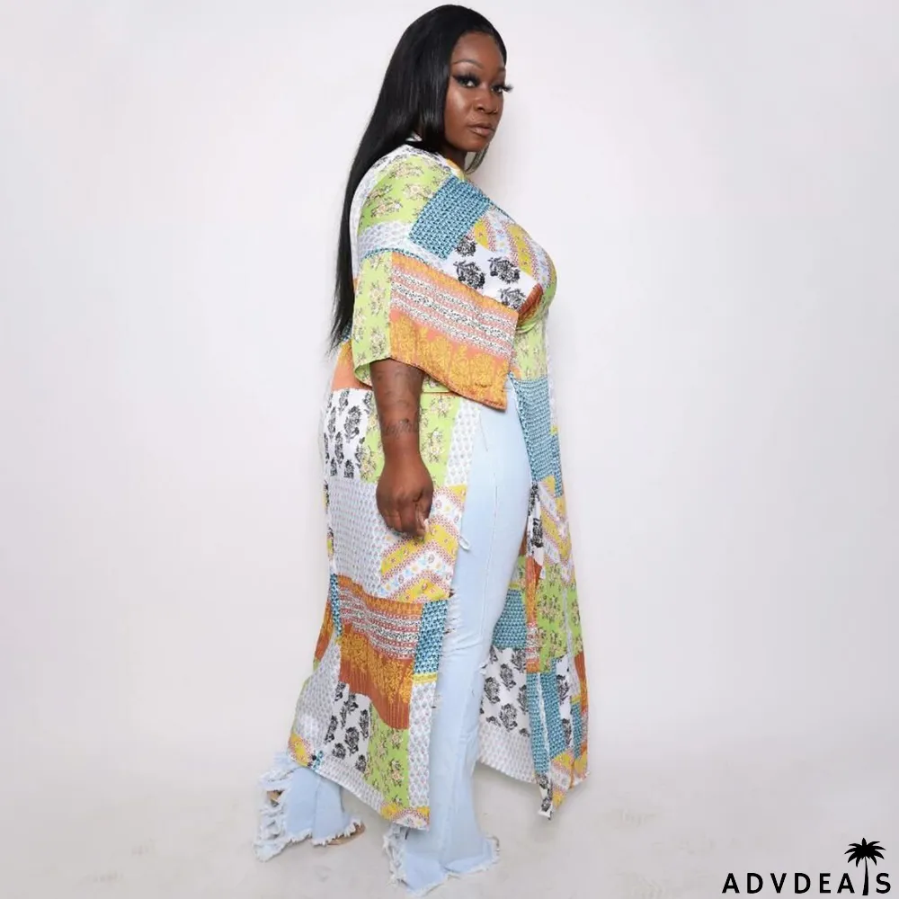 Plus Size Printed V Neck Loose Vacation Maxi Dress