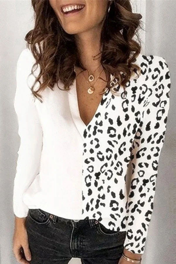 Fashion Leopard Print V Neck Chiffon Top