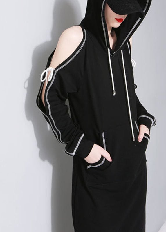 New Black hooded Pockets asymmetrical design Fall Sweatshirts Dresses CK2718- Fabulory