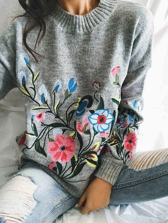Gorgeous Embroidery Round Neckline Oversize Sweater