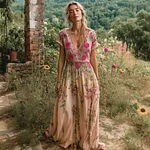 Boho Ethnic Floral Embroidery Women's Linen V-neck Short Sleeve Maxi Dress - Image 3