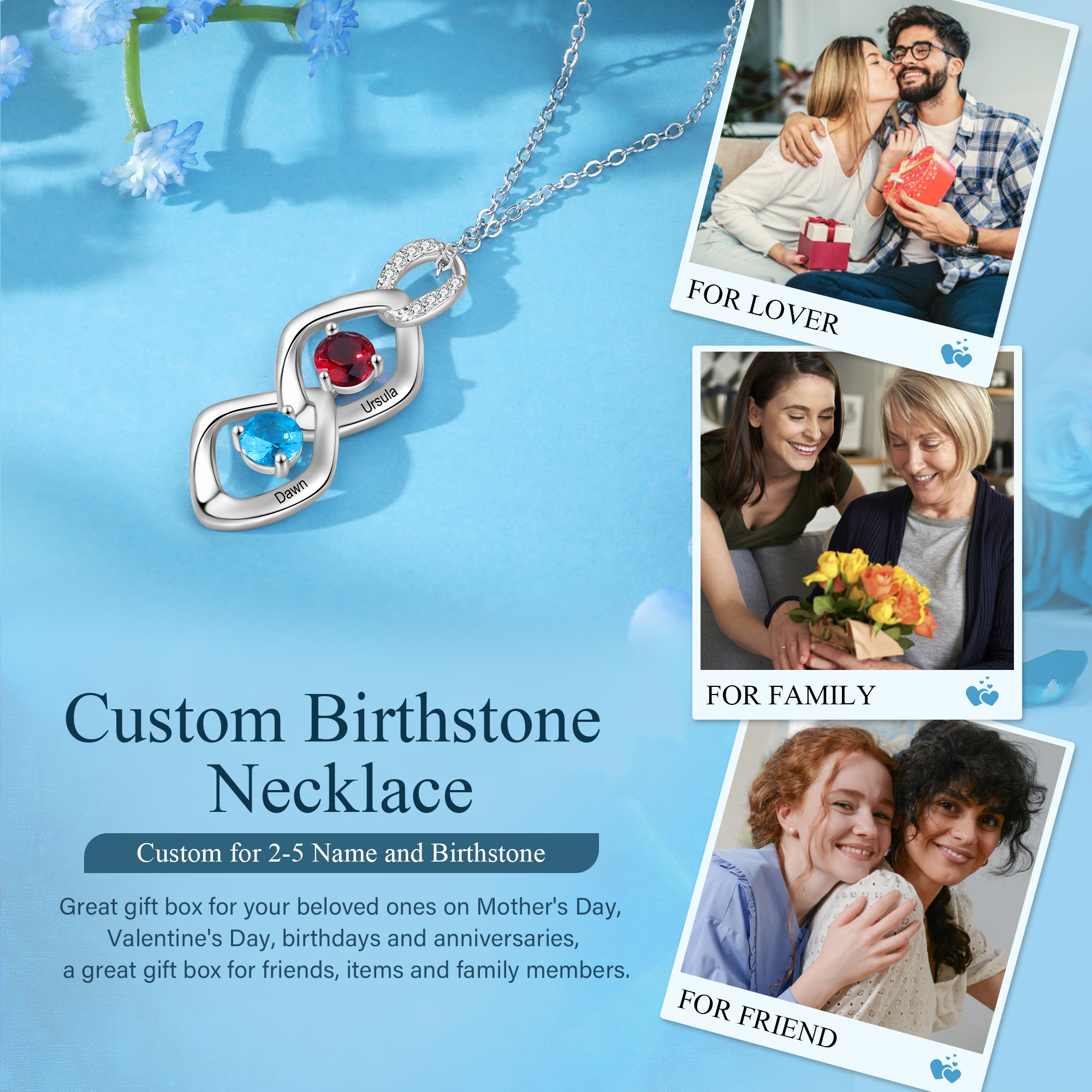 Personalised Pendant Necklace Custom 2 Birthstones Engraved 2 Names Necklace Gift for Women-Jessemade AU