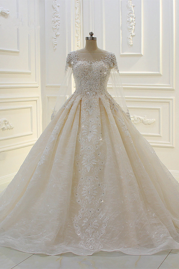 Daisda Bateau Long Sleeves Beading Ball Gown Wedding Dress With ...