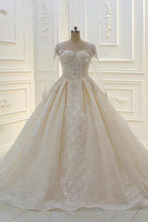 Bateau Long Sleeves Beading Ball Gown Wedding Dress With Appliques Lace