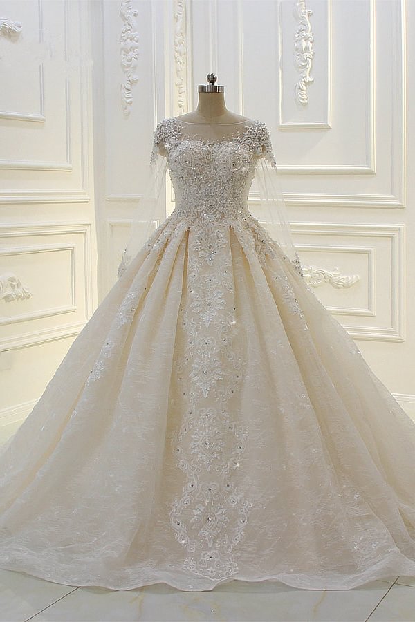 Chic Bateau Beading Ball Gown Long Sleeves Wedding Dress With Appliques Lace | Ballbellas Ballbellas