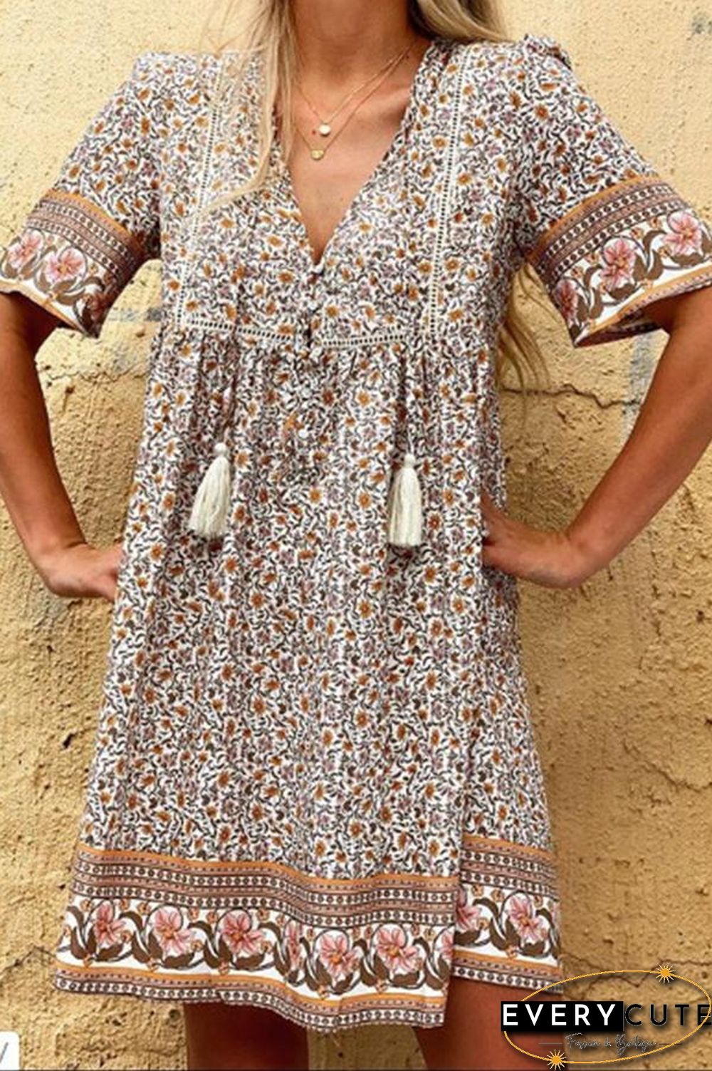 Retro Printed V-neck Mini Dress (With Tassels) P14367