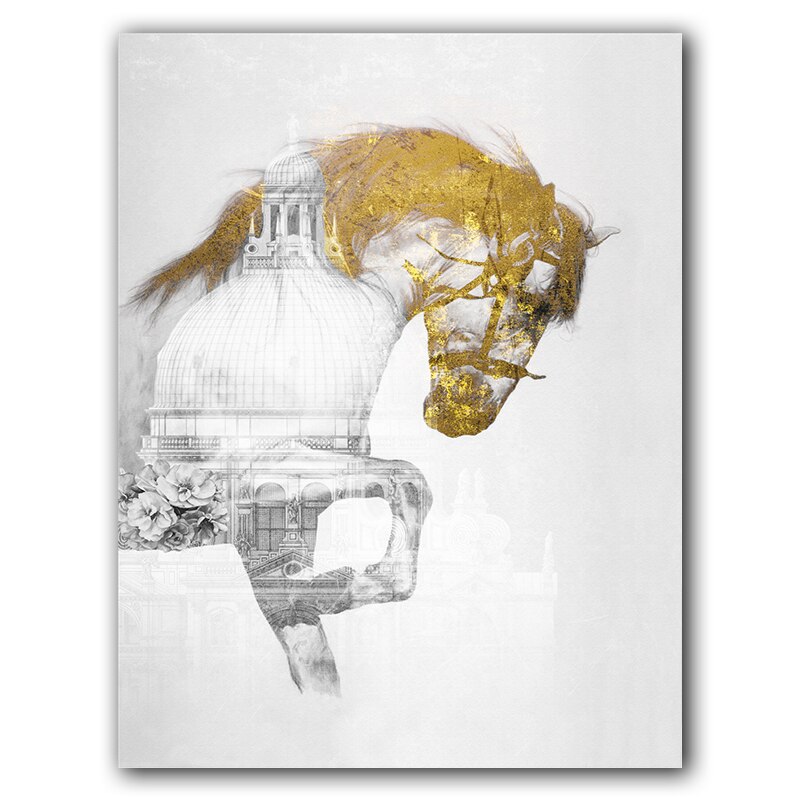 Saudi Arabia Gold Horse Painting Golden Home Decor Luxurious Wall Art for Living Room Aisle Abstract Animal Tableaux Big Poster