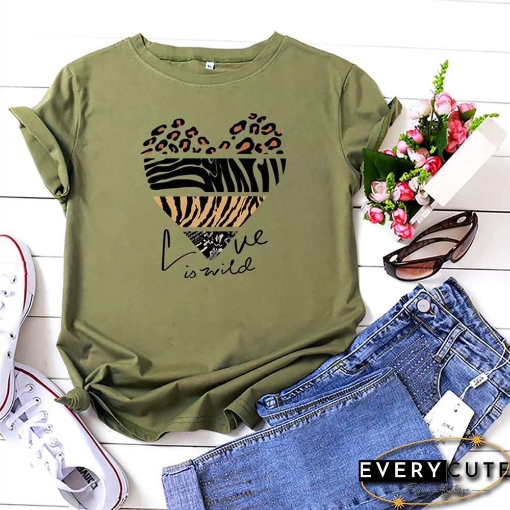 White Woman Tshirts Summer TShirt Fashion Heart Leopard Print Shirt 100%Cotton Tops O Neck Short Sleeve Tees Women Graphic Tee
