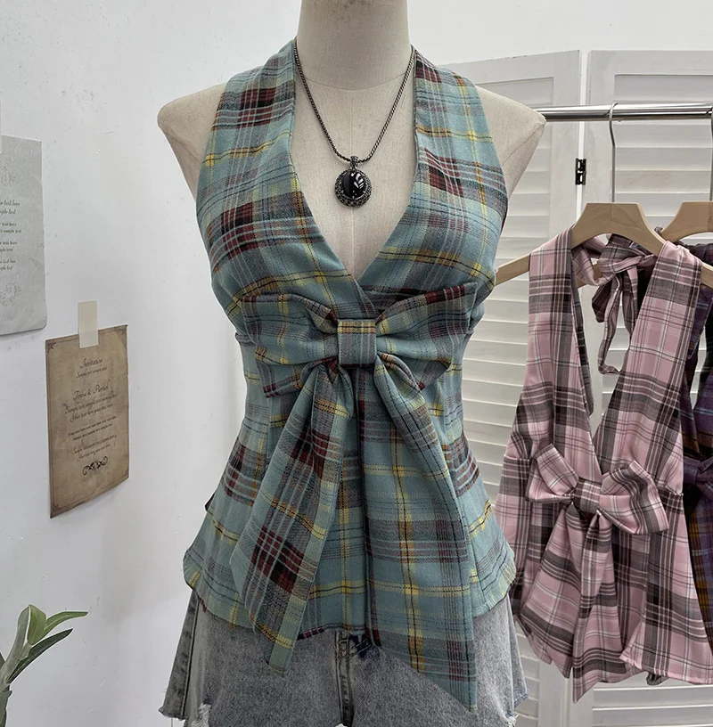 Nigikala Nigikala New Bow Design V-Neck Sexy Hanging Neck Sling Vest Sleeveless Top 9237