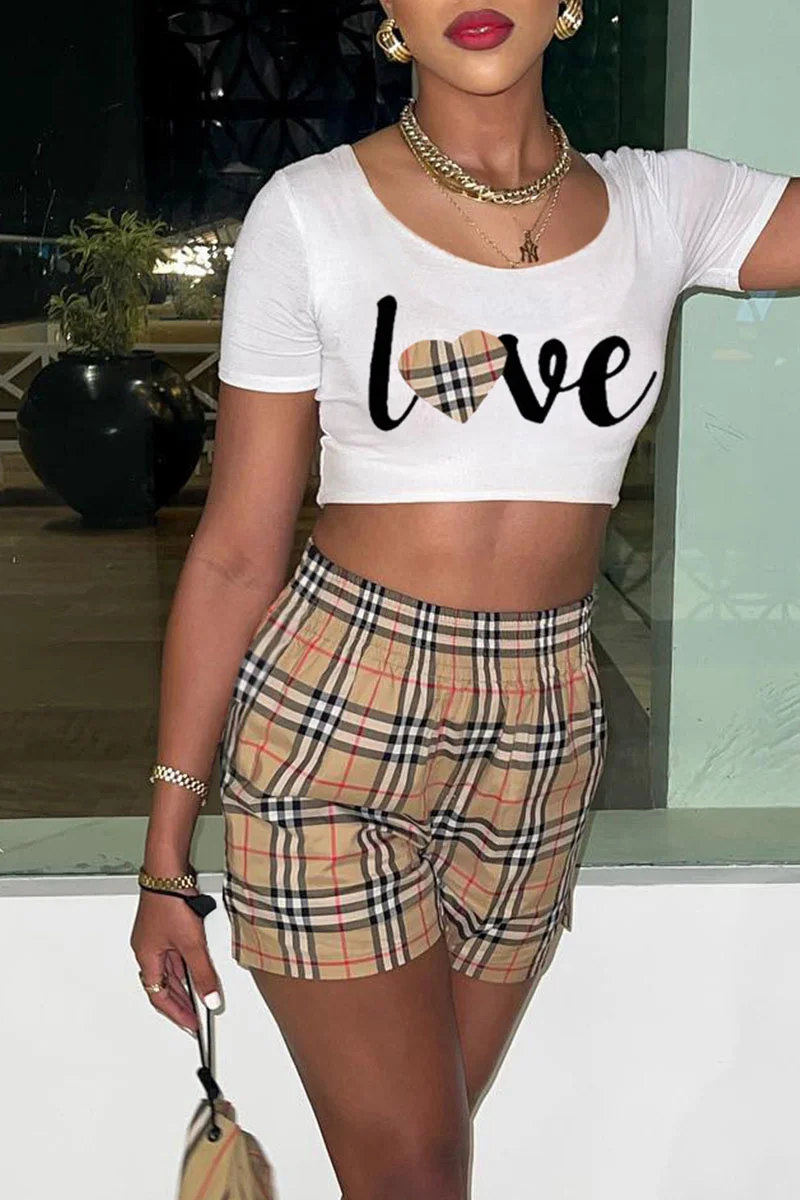 Khaki Casual Print Patchwork O Neck Short Sleeve Two Pieces | EGEMISS