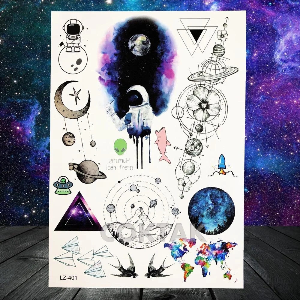 Fashion Space Temporary Tattoos For Kids Women Body Art Face Tatoos Realistic Fake Washable Geometric Flower Wolf Tattoo For Men