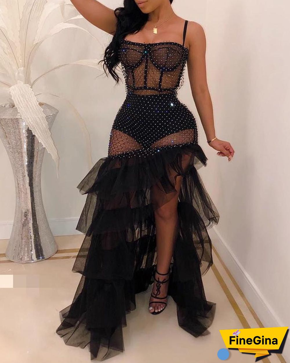Sheer Mesh Rhinestone Slit Party Dress