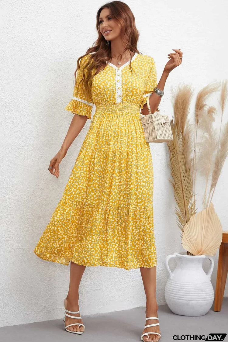 Floral V-Neck Smocked Waist Midi Dress