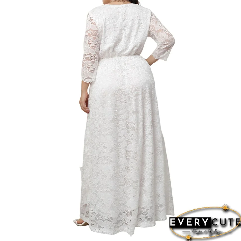 White V-Neck Lace Plus Size Dress