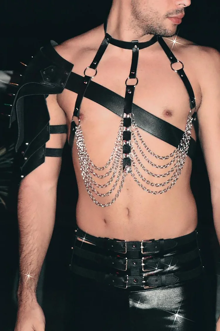 PU Leather Buckle Metal Chain Studded Body Harness