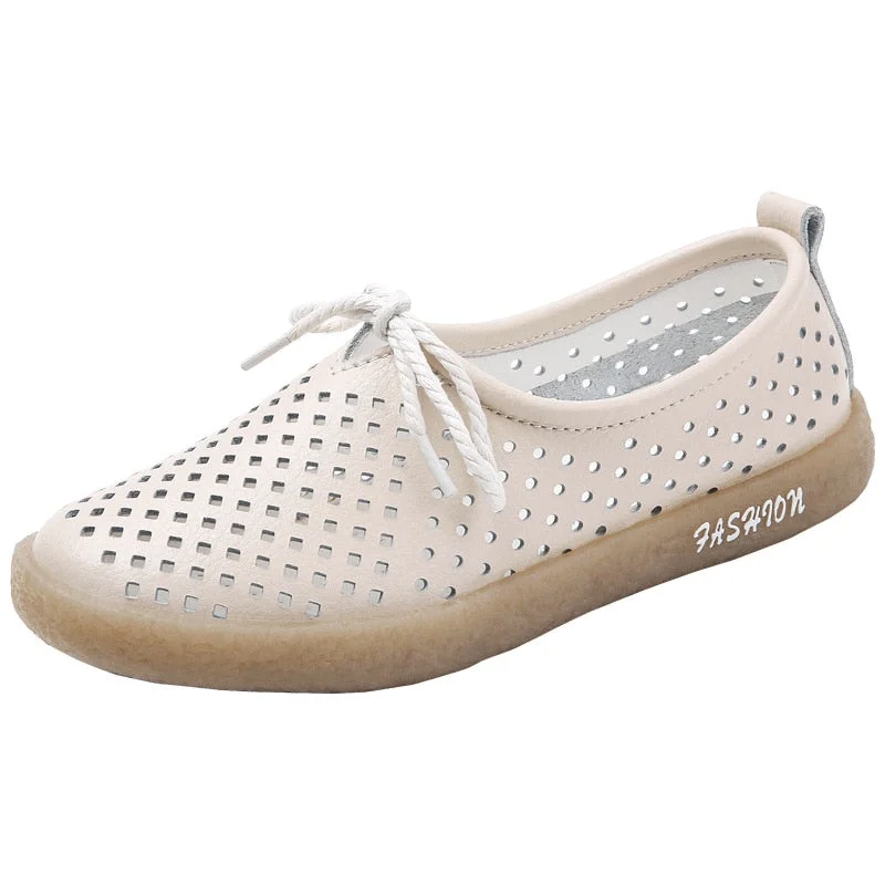 GKTINOO New Breathable Genuine Leather Summer Shoes Woman Flats Hollow Comfortable Ladies White Loafers Soft Casual Shoes