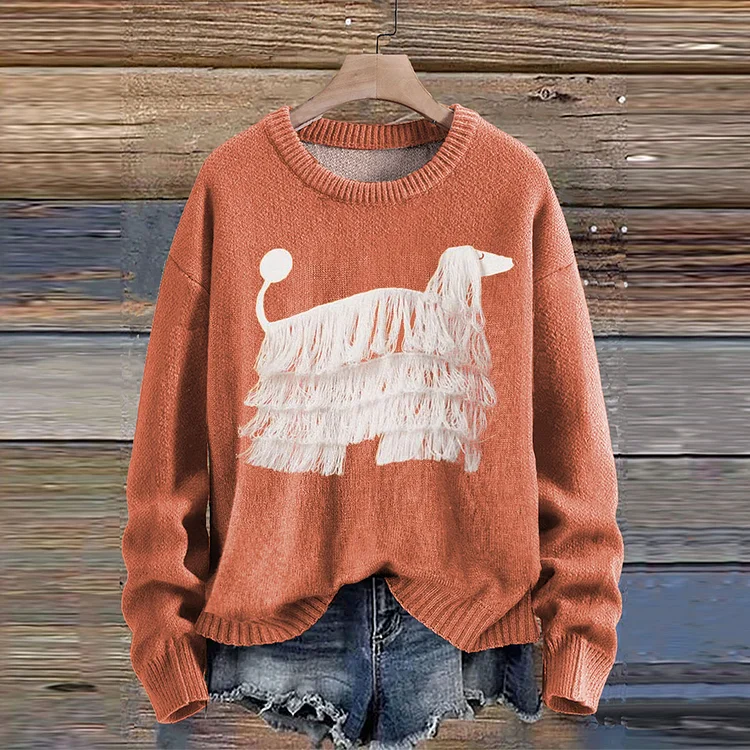Comstylish Fringed Dog Print Knitted Pullover Sweater