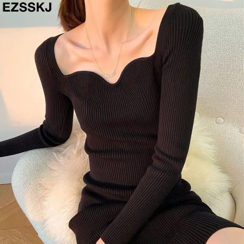 autumn winter slim  sweater dress elegant knit bodycon dress women loose long dress Female chic knit elegant dress