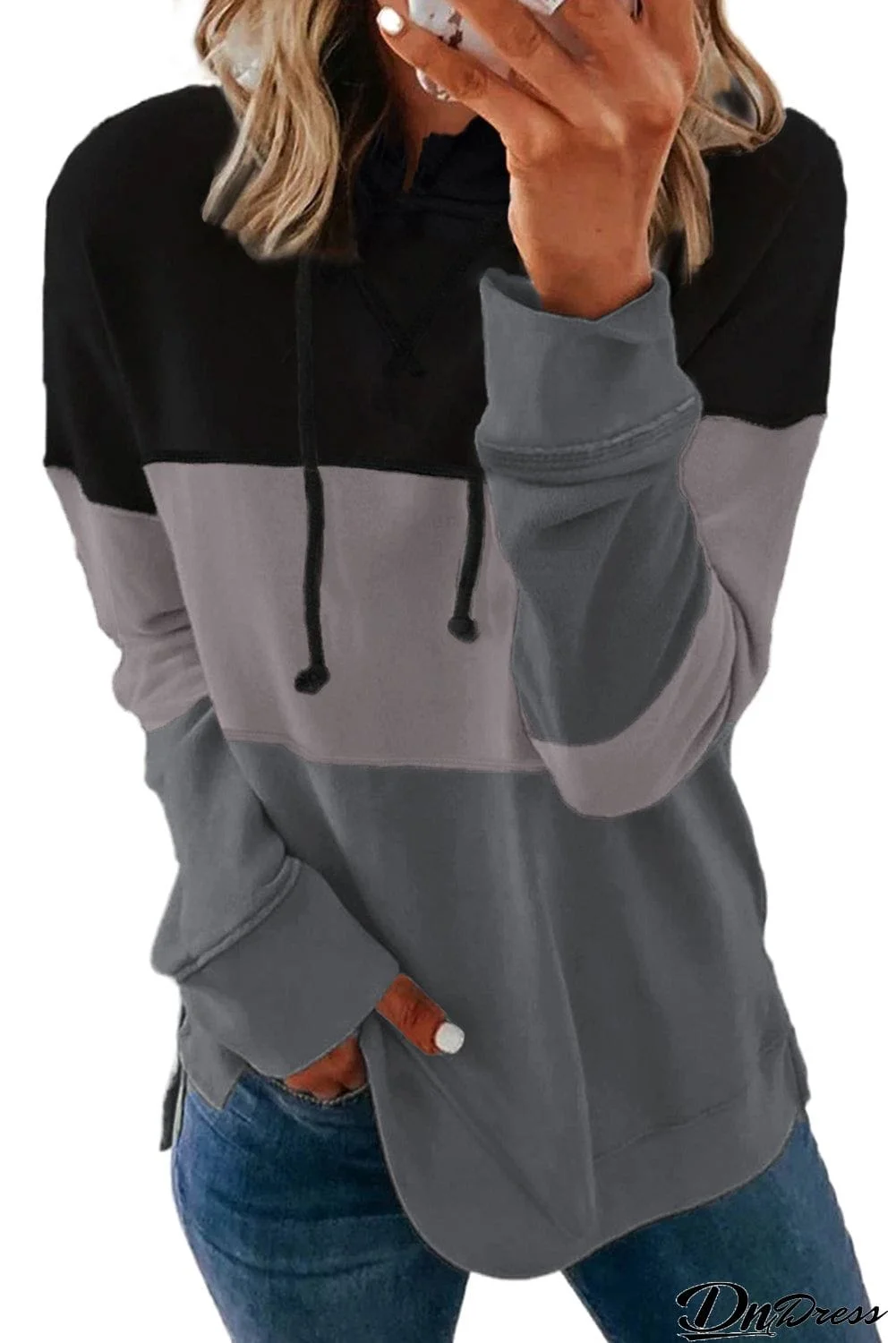 Khaki Drawstring Color Block Stripe Casual Hoodie