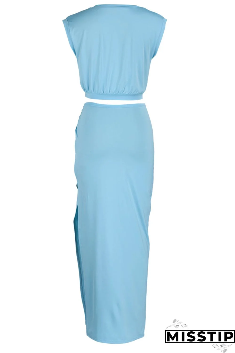 Blue Casual Solid Bandage Patchwork Slit O Neck Sleeveless Two Pieces
