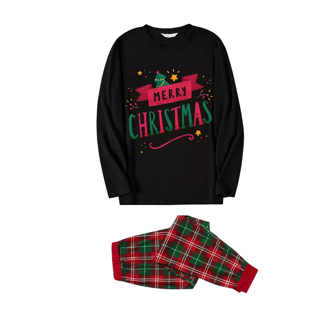 "Merry Christmas" With  Ribbons - Black Long Sleeves with Green&Red&White Plaid Pants Family Matching Pajamas